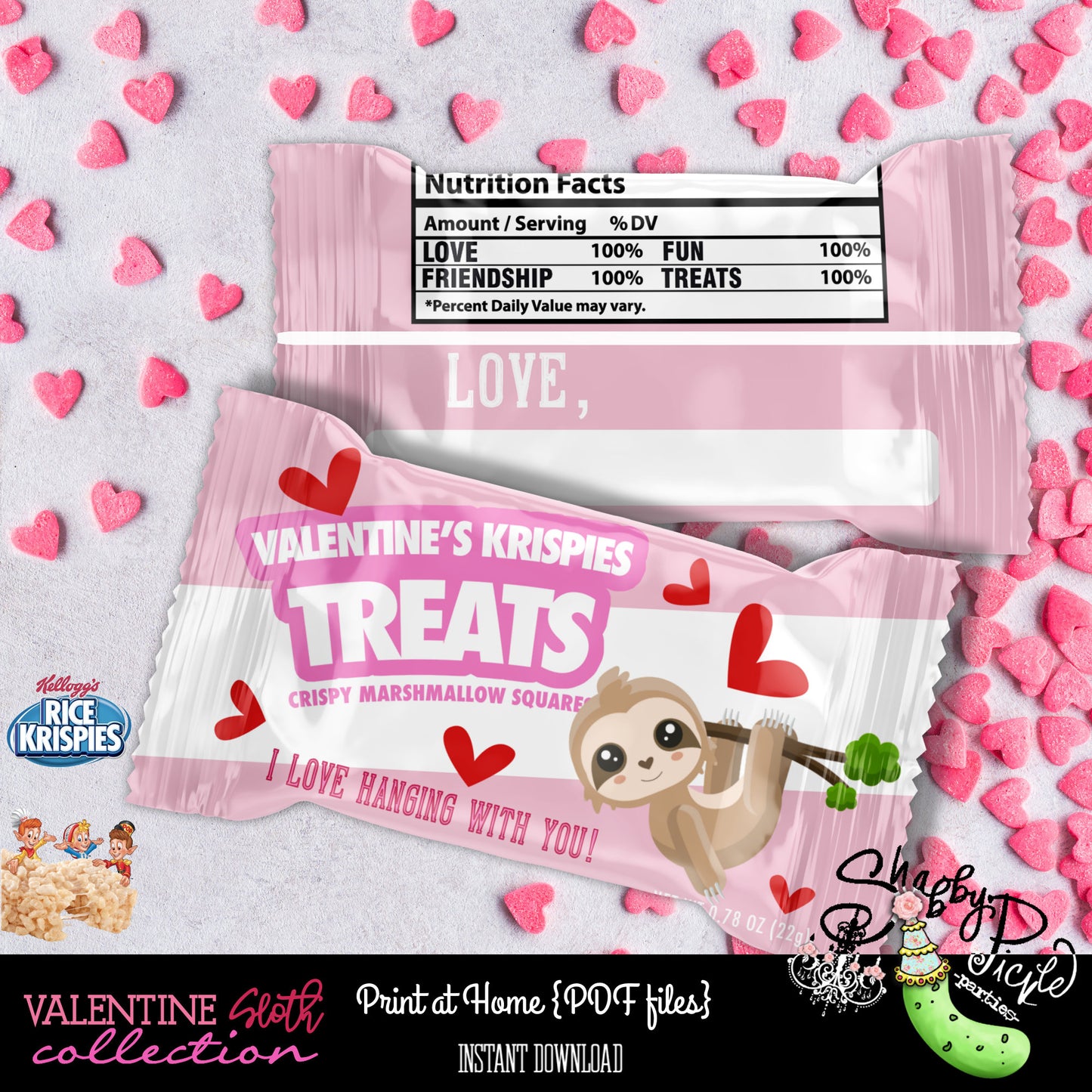 Valentines Day-Sloth-Rice Krispie Treat Wrappers-Class Treat-Class Room Party-Valentine's Day-Favor-Holiday-Printables-INSTANT DOWNLOAD