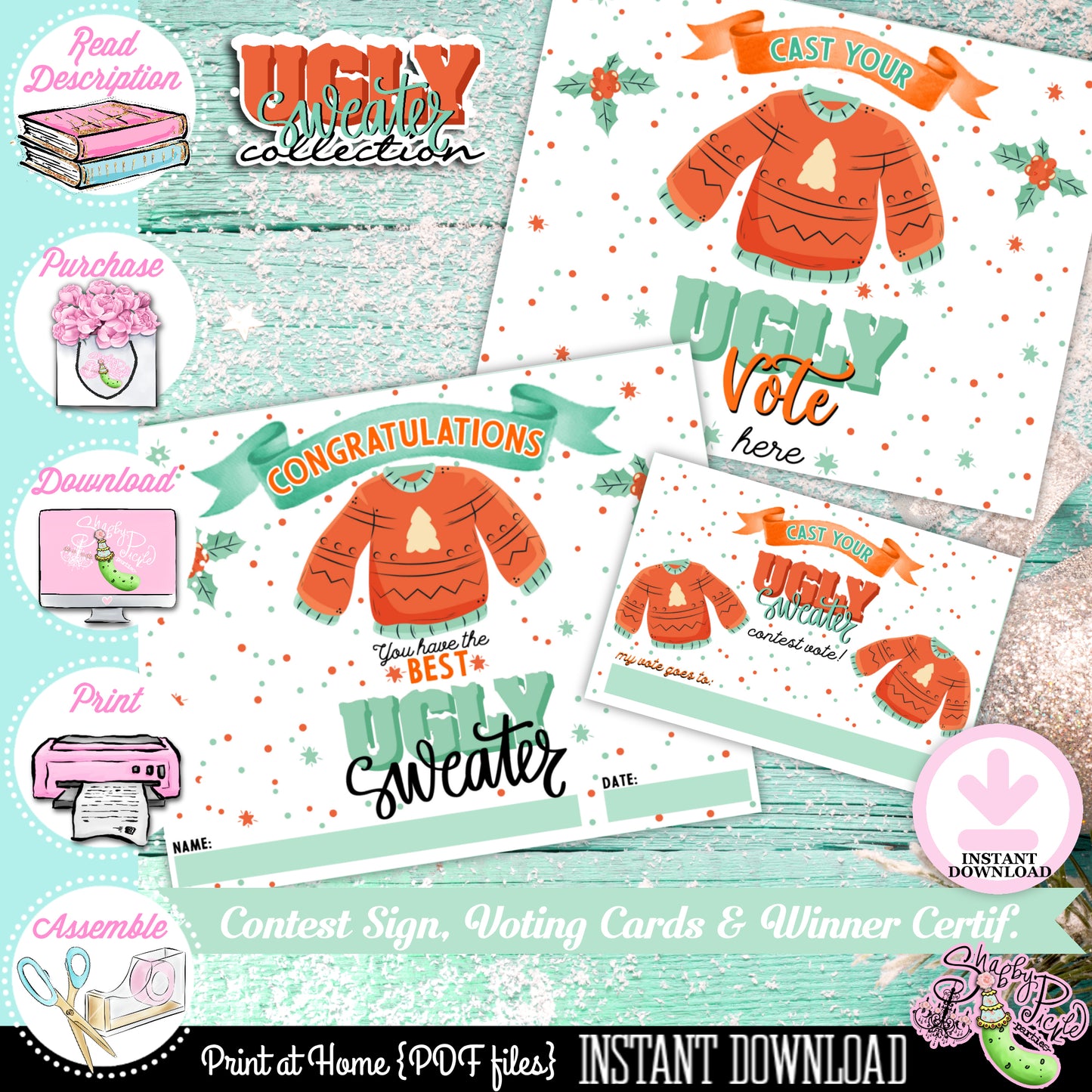 Ugly Sweater-Ugly Sweater Contest Sign-Voting Cards-Winners Award-Printable-Ugly Sweater Party-Christmas-Computer Needed-INSTANT DOWNLOAD