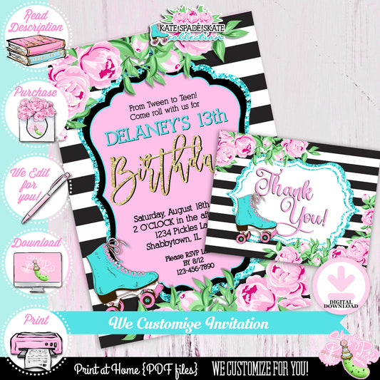 Kate Spade Skate-Birthday-Invitation-We Customize-Thank You Card-Roller Skate Party-Skater-Girls Skate Party-Party Invite-DIGITAL DOWNLOAD