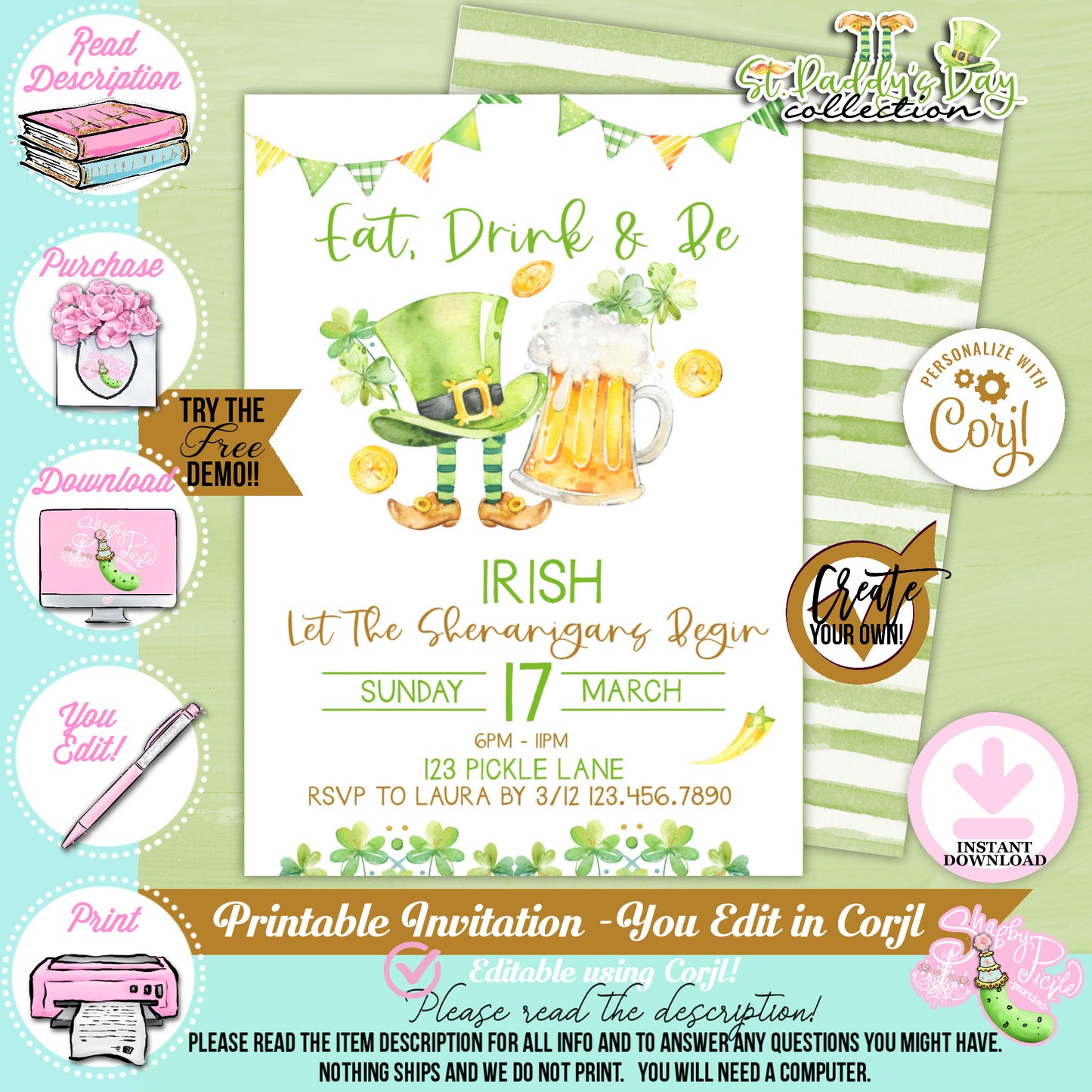 St. Paddy's Day-Party Invitation-Edit in Corjl Only-Eat Drink and be Irish-St. Patrick's Day Theme-Party Printable-Digital-INSTANT