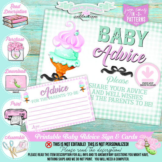 Here's The Scoop, Baby-Advice Sign & Cards-Ice Cream Baby Shower-8x10 Sign-Advice Cards To Fill In By Guests-Digital-INSTANT DOWNLOAD