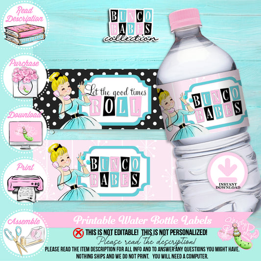 Bunco Babes-Water Bottle Labels-Bunko-Girls Night-Game Night-Water Bottle Wrappers-Waterbottle Stickers-Digital-INSTANT DOWNLOAD