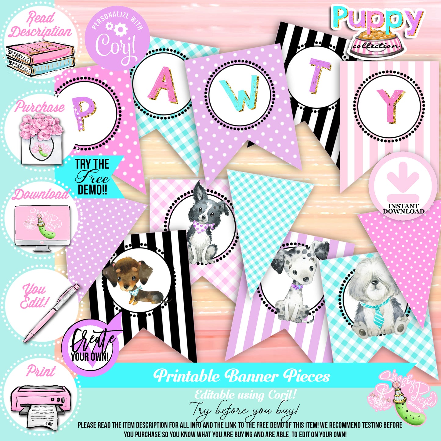 Puppy Pawty-Banner Pieces-Premade & Edit in Corjl-Custom Name-Birthday Banner-Puppy Party-Birthday-Personalize-Digital-INSTANT DOWNLOAD