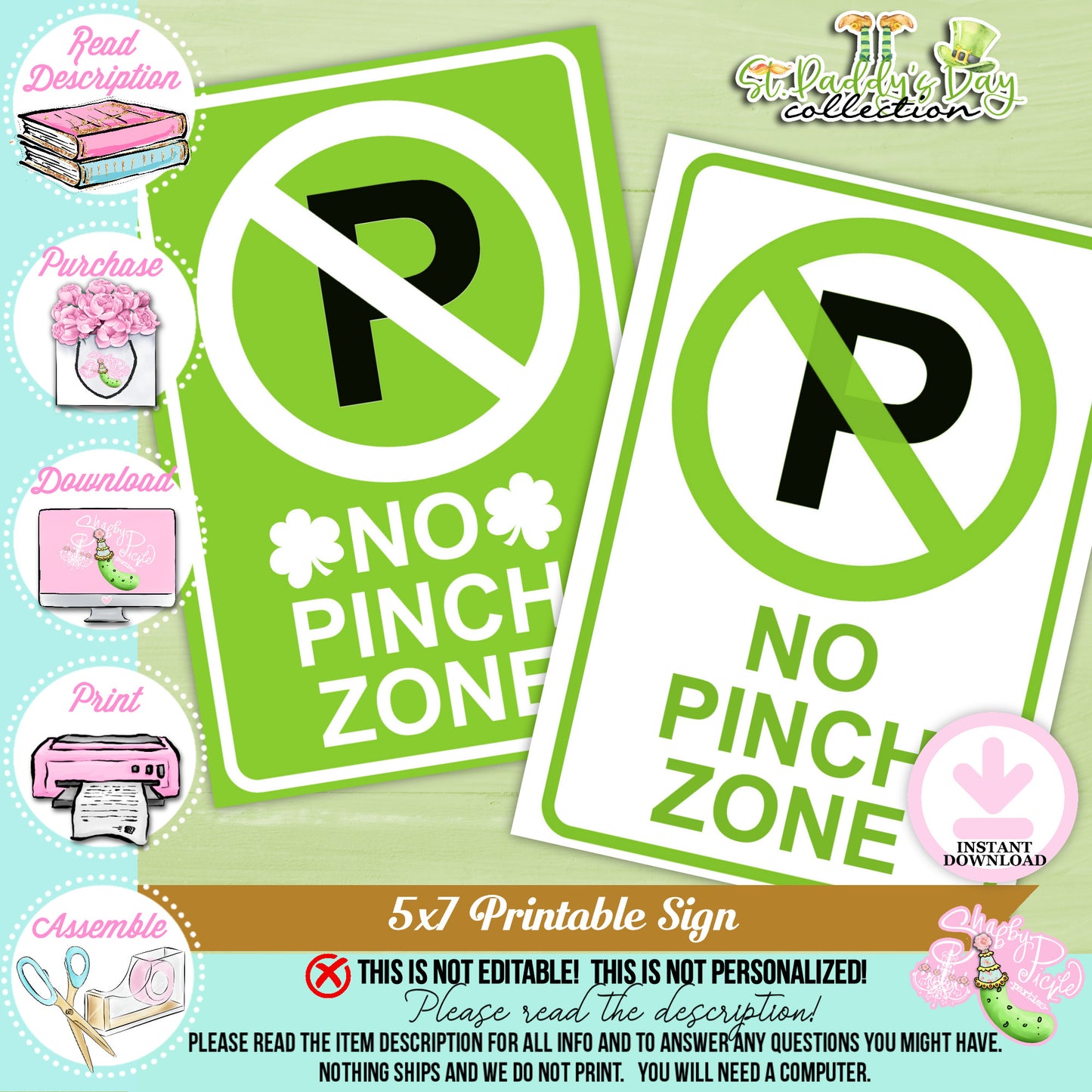 St. Paddy's Day-No Pinch Zone Sign-2 Versions-Fun Sign-St. Patrick's Day Theme-Shamrocks-Party Printable-Digital-INSTANT DOWNLOAD