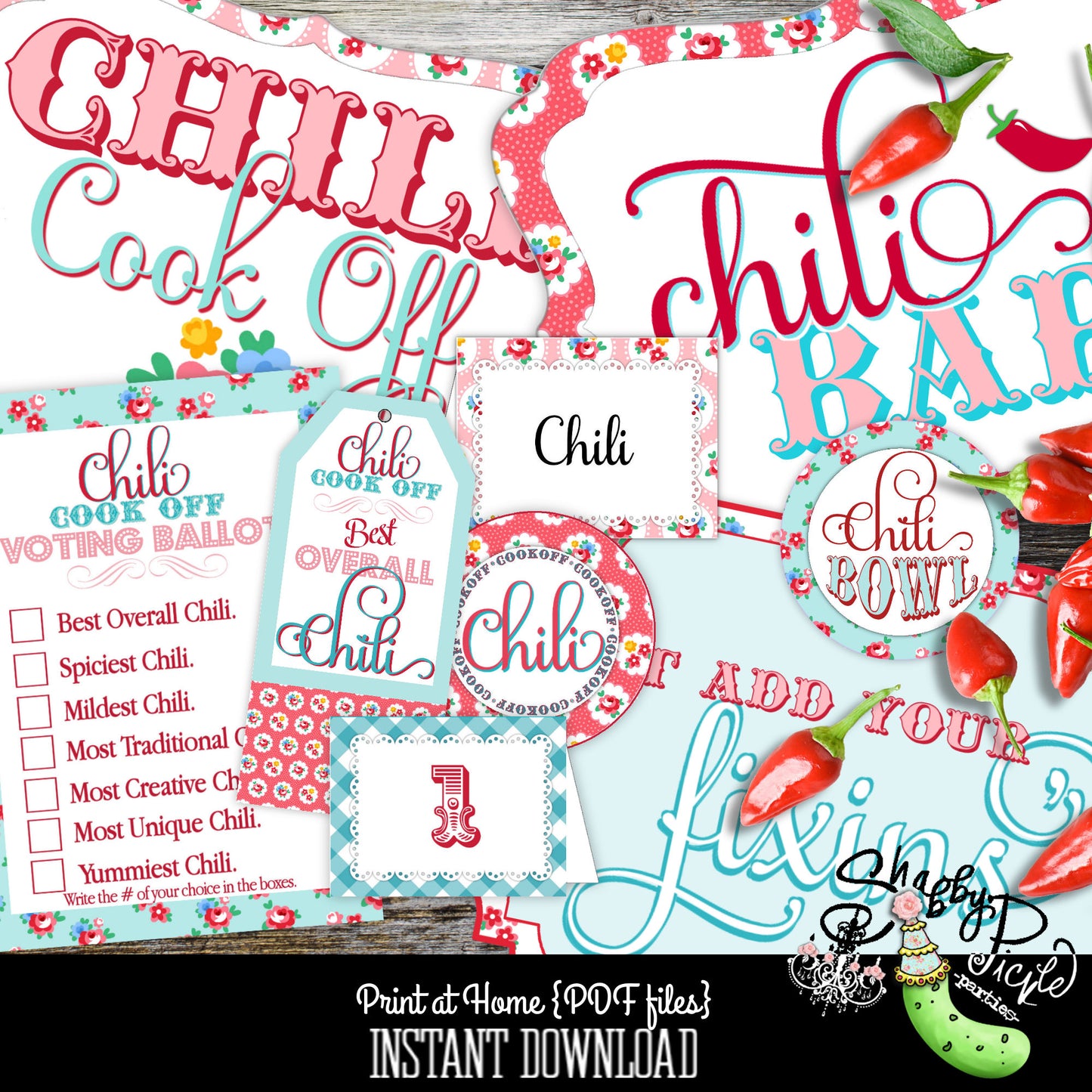 Vintage Valentine Theme-Chili Bar-Chili Cook Off-EDITABLE-Personalize-Party Printables-Cookoff-Buffet Cards-Signs-Vote Cards-Banner-Award Tags-INSTANT DOWNLOAD