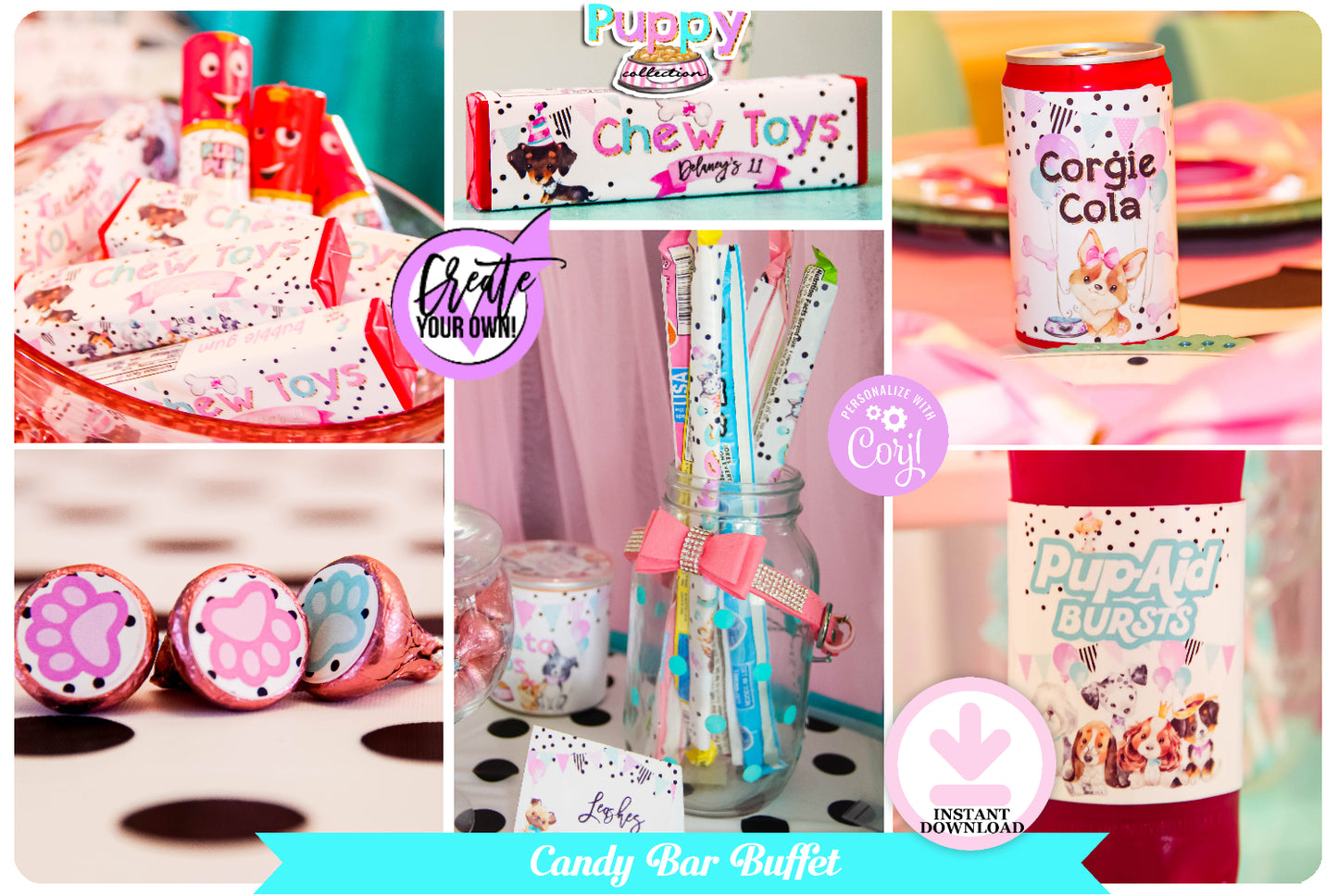 Puppy Pawty-Candy Buffet-Edit in Corjl-Customize-Editable Items-See Description-Puppy Party-Birthday-Personalize-Digital-INSTANT DOWNLOAD