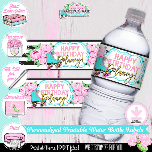 Kate Spade Skate-Birthday-Water Bottle Labels-We Customize-Roller Skate Party-Skater-Girls Skate Party-Waterbottle Labels-DIGITAL DOWNLOAD