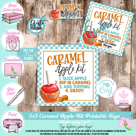 Caramel Apple-Caramel Apple Kit Tags-You Customize From Line in Corjl-Toffee Apple-Caramel Apple Bar-Favor Tags-Digital-INSTANT DOWNLOAD