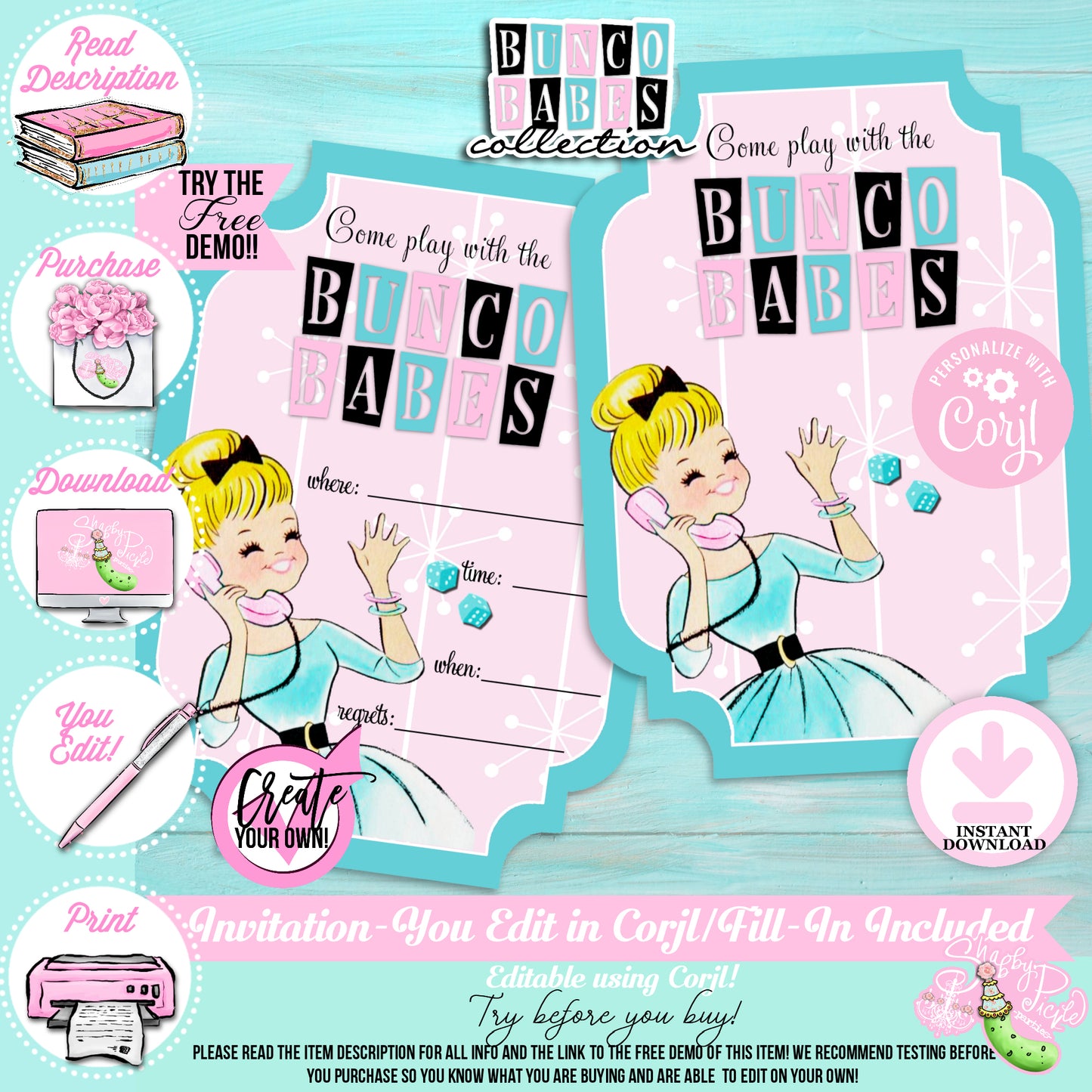 Bunco Babes-Invitations-Edit in Corjl-Invite-Bunko-Girls Night-Game Night-Bunco Invitation-Fill In Invitation-Digital-INSTANT DOWNLOAD