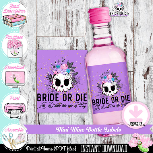 Bride or Die-Bachelorette-Mini Wine Bottle Labels-Til Death do us Party-Bridal Party-Halloween-Girls Night-Favor Labels-INSTANT DOWNLOAD