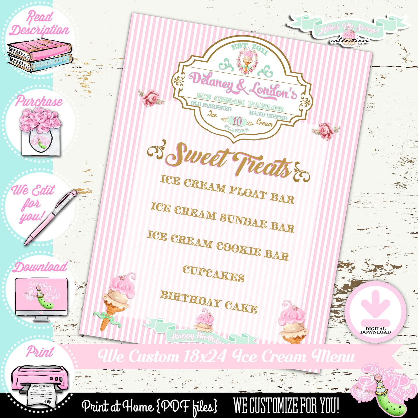 Heres The Scoop-Birthday-18x24 Menu-We Customize Name & Items-Ice Cream Shop-Ice Cream Parlor-Ice Cream Party-Printable-DIGITAL DOWNLOAD