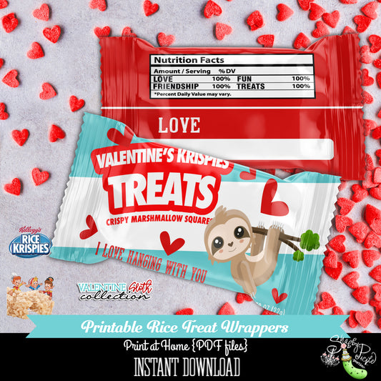 Valentines Day-Blue Sloth-Rice Krispie Treat Wrappers-Class Treat-Class Room Party-Valentine's Day-Favor-Holiday-Printables-INSTANT DOWNLOAD