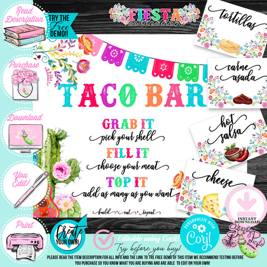 Fiesta-TACO BAR SET-TACO Bar Sign-Tent Cards 48 PREFILLED-& Editable in Corjl-Cinco De Mayo-Taco Tuesday-Margarita Monday-INSTANT DOWNLOAD