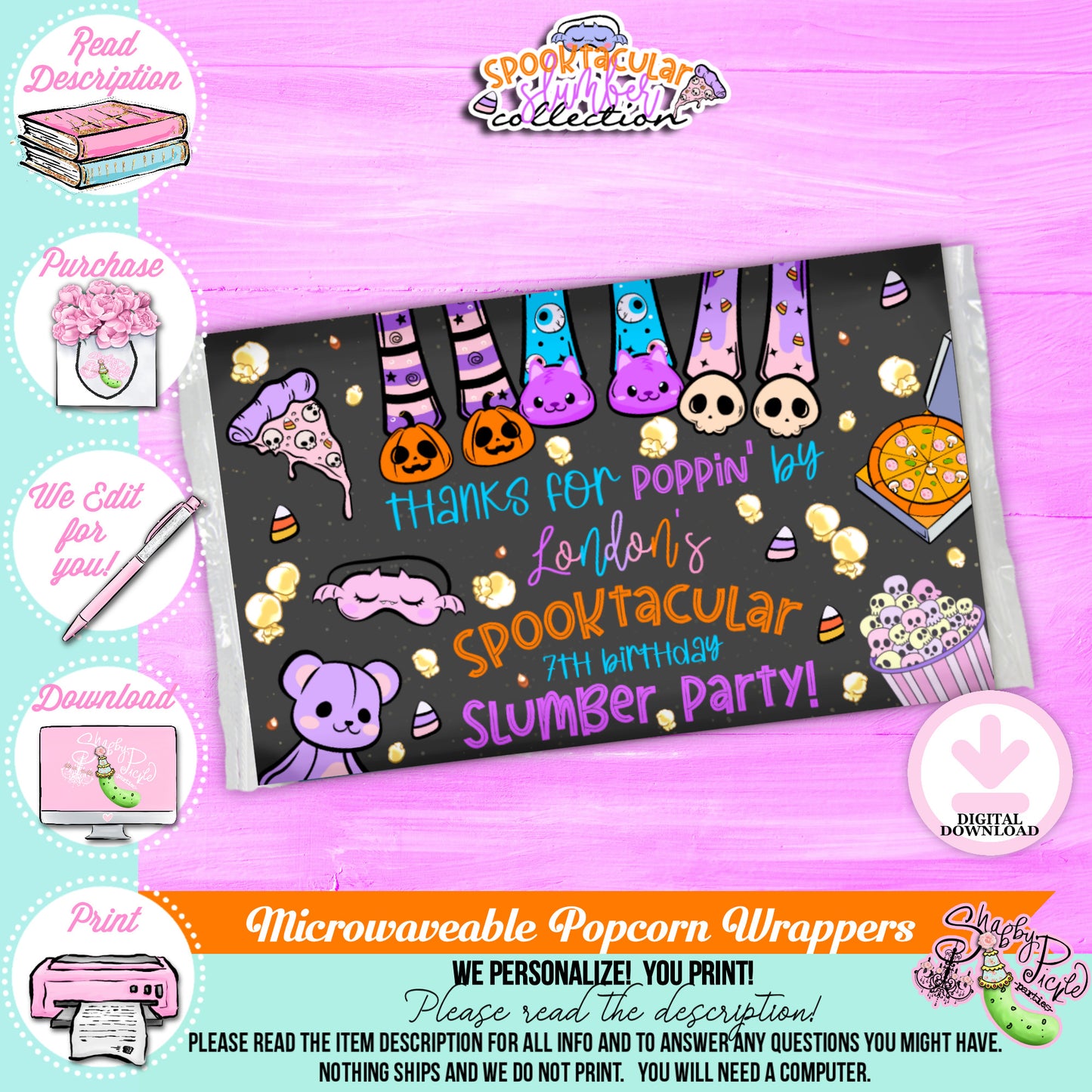 Spooktacular Slumber Party-Microwave Popcorn Wrapper-We Customize-Personalize Name-Favor Labels-Sleepover-Halloween-Digital-DIGITAL DOWNLOAD