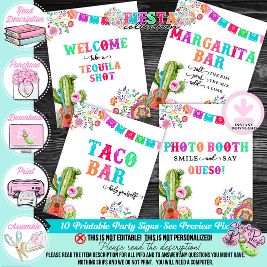 Fiesta-Signs-10 (8x10) Signs Included-See Photos for all Signs-Cinco De Mayo-Taco Bar-Celebration-Margarita Bar-Digital-INSTANT DOWNLOAD