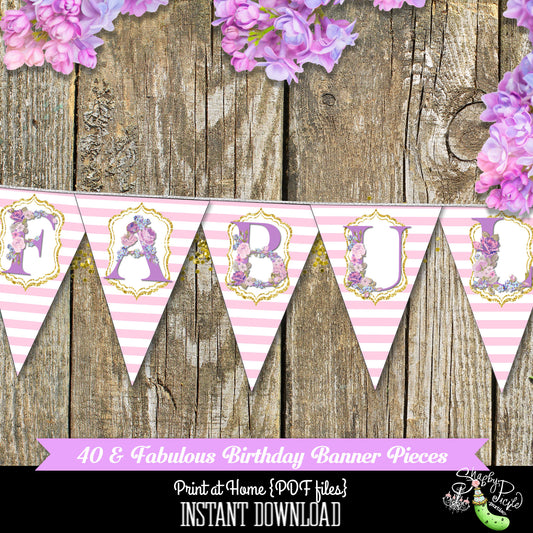 40 & Fabulous Birthday Banner-Happy Birthday-Party Banner-40th Birthday Party-Birthday Banner-Adult Birthday-Printable-INSTANT DOWNLOAD