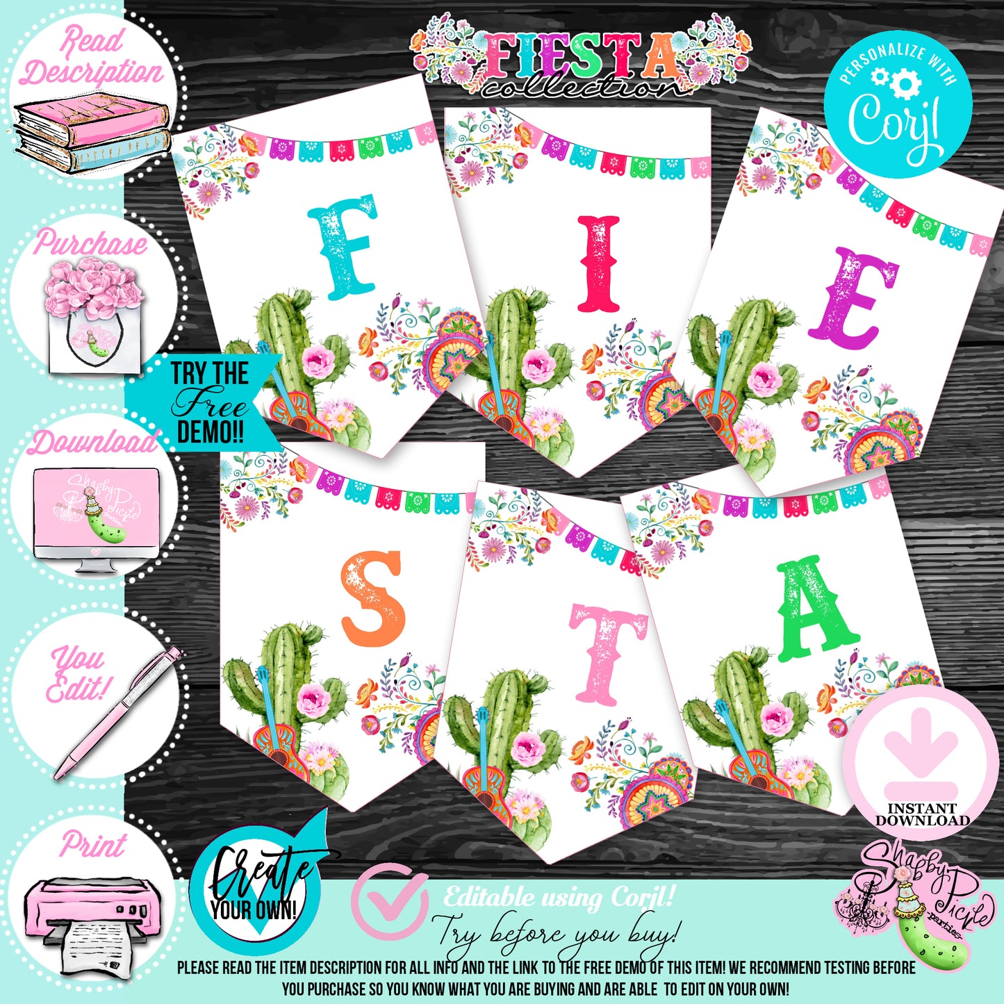 Fiesta-BANNER-Party Banner-PREFILLED-& Editable in Corjl-Cinco De Mayo-Taco Tuesday-Margarita Monday-INSTANT DOWNLOAD