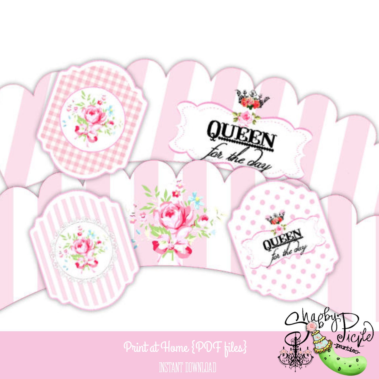 Queen for the Day-Cupcake Wraps & Toppers-Plain and Theme-Party Printable-Birthday-Mothers Day-Mom-Pink-Bridal Shower-Shabby Chic Parties