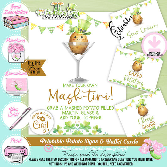 St. Paddy's Day-Mash-tini Bar Sign & Buffet Cards-Edit in Corjl Only-St. Patrick's Day Theme-Party Printable-Digital-INSTANT DOWNLOAD