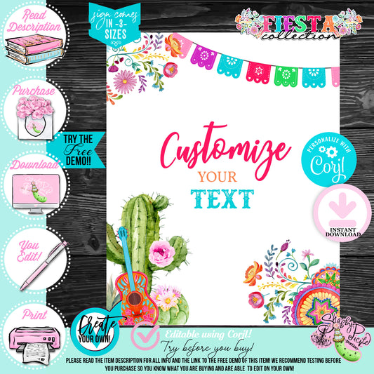Fiesta-PERSONALIZED PARTY SIGNS-3 Sizes-Editable in Corjl-8x10-16x20-11x17-Cinco De Mayo-Taco Tuesday-Margarita Monday-INSTANT DOWNLOAD