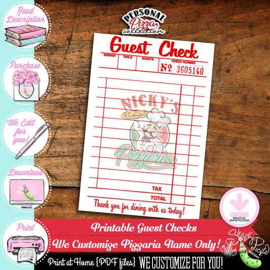 Personal Pizza-Guest Checks-We Customize Pizzeria Name (Only)-Playset-Pizza Party-Kids Pizza Shop-Printable-DIGITAL DOWNLOAD