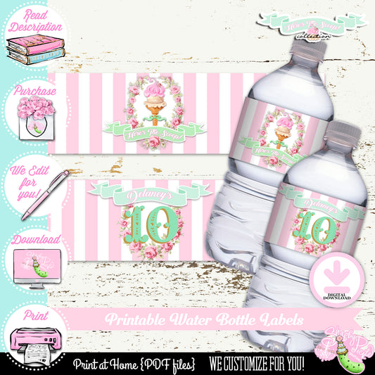 Heres The Scoop-Birthday-Water Bottle Labels-We Customize Age-Ice Cream Shop-Ice Cream Parlor-Ice Cream Party-Printable-DIGITAL DOWNLOAD