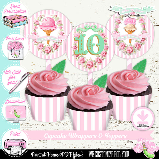 Heres The Scoop-Birthday-Cupcake Wrappers-Cupcake Toppers-We Customize Age-Ice Cream Shop-Ice Cream Parlor-Ice Cream Party-DIGITAL DOWNLOAD