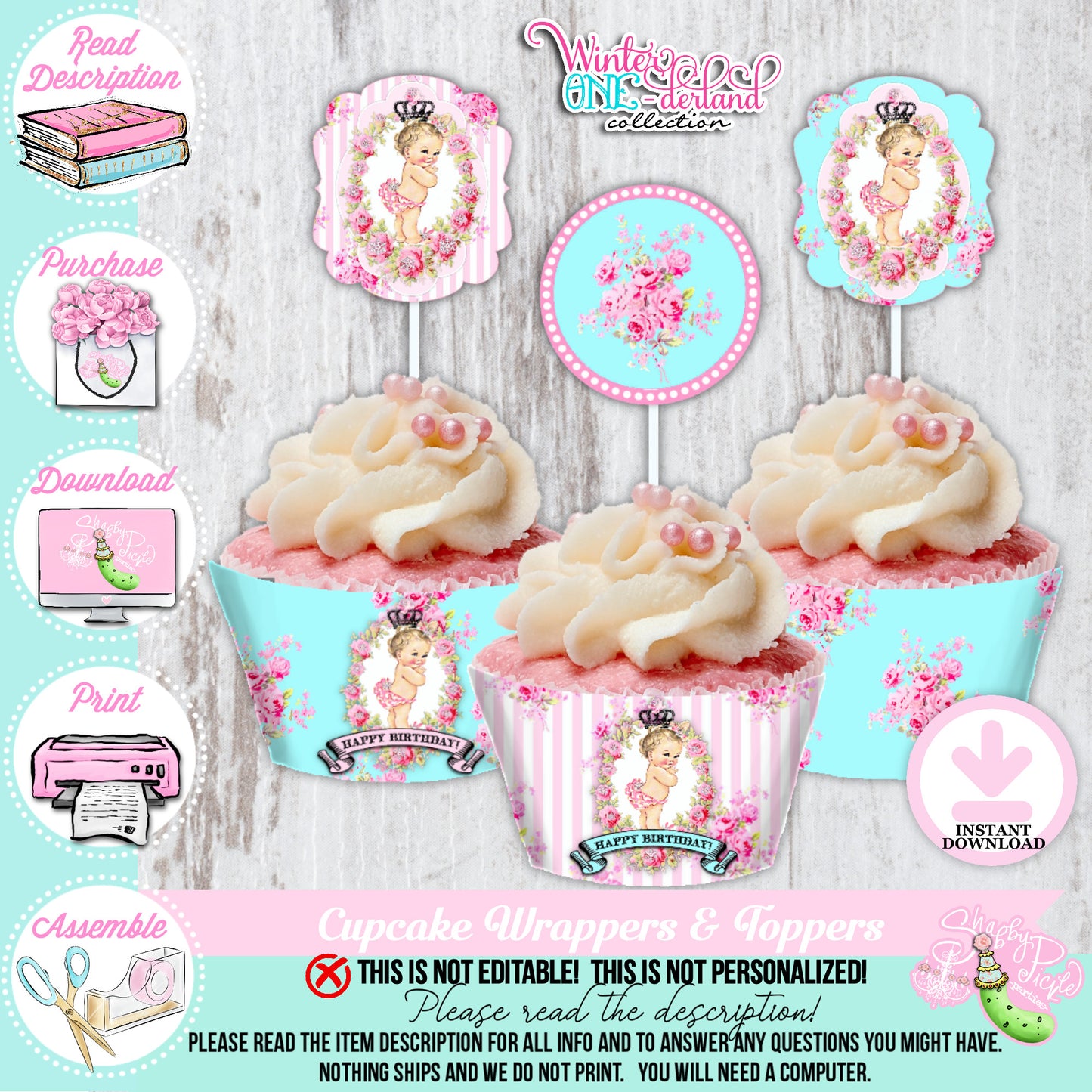 Winter ONE-derland-Cupcake Wraps & Toppers-First Birthday-Party Printable-Birthday-Mothers Day-Girls 1st First Parties-INSTANT DOWNLOAD