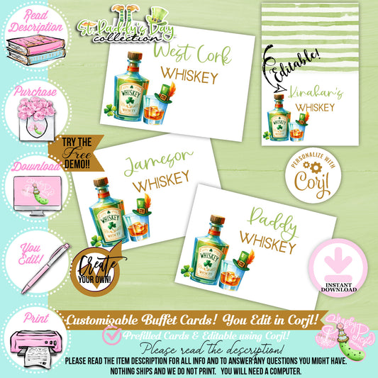 St. Paddy's Day-Whiskey Tasting Buffet Cards-Irish Whiskey Bar-Edit in Corjl Only-St. Patrick's Day-Party Printable-Digital-INSTANT DOWNLOAD