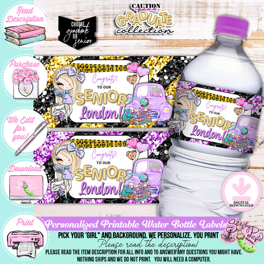 Caution Glam Graduate-Lilac Glam Grad-We PERSONALIZE-Water Bottle Labels-Pick Your Girl-Graduation-High School-8th Grade-Class of-PRINTABLE