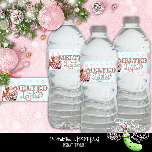 Christmas Past-Water Bottle Labels-Party Printables-Shabby Chic Parties-Xmas-Santa-Reindeer-Pink-DIY-Instant Download-Digital Decorations