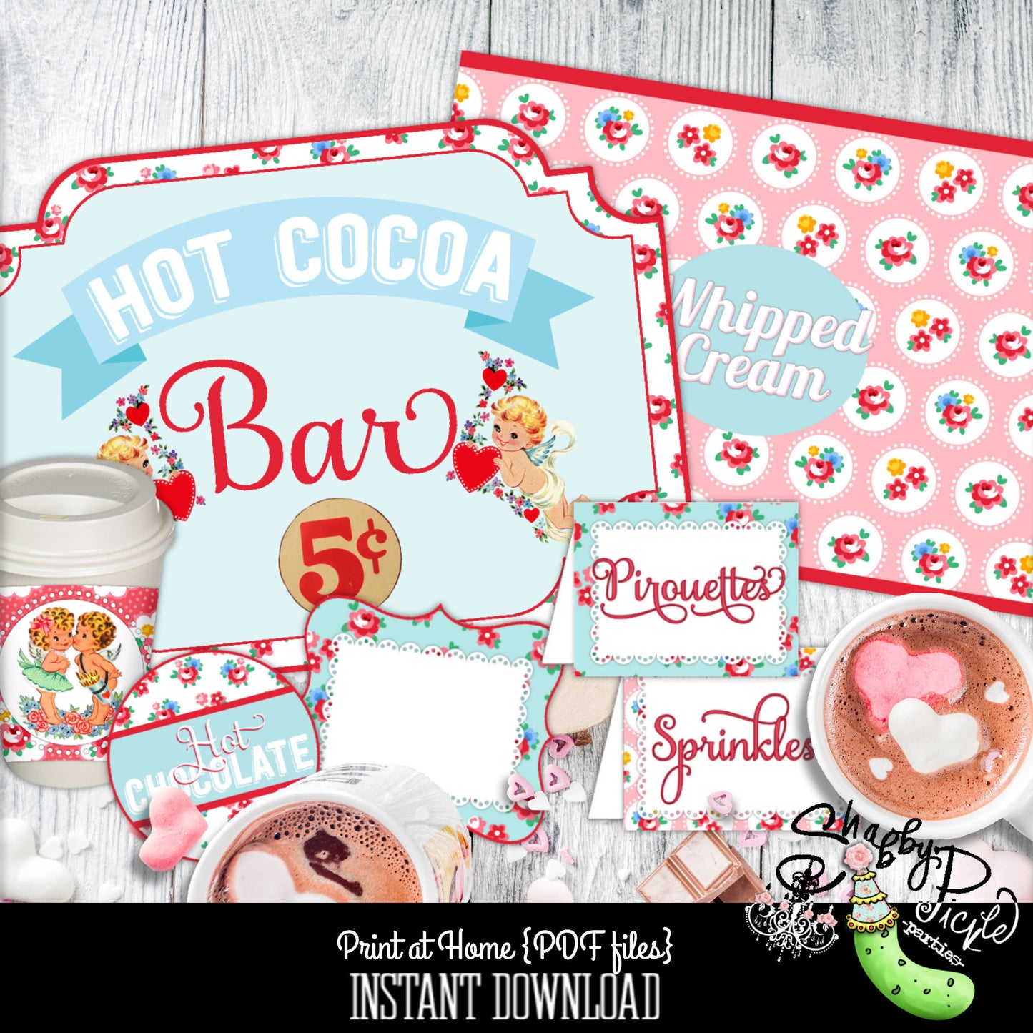 Vintage Valentine Theme-Hot Cocoa Bar-EDITABLE-Personalize-Party Printables-Hot Chocolate-Shabby Chic Parties-Signs-Diy--INSTANT DOWNLOAD