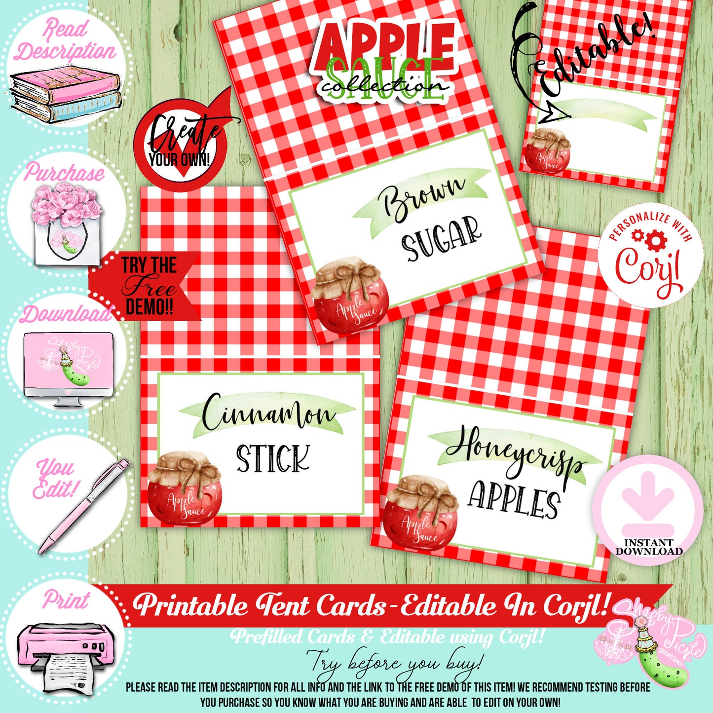 Apple Sauce Red-Apple Sauce Buffet Cards-Prefilled and You Customize in Corjl-Apple-Apple Sauce Bar-Tent Cards-Digital-INSTANT DOWNLOAD