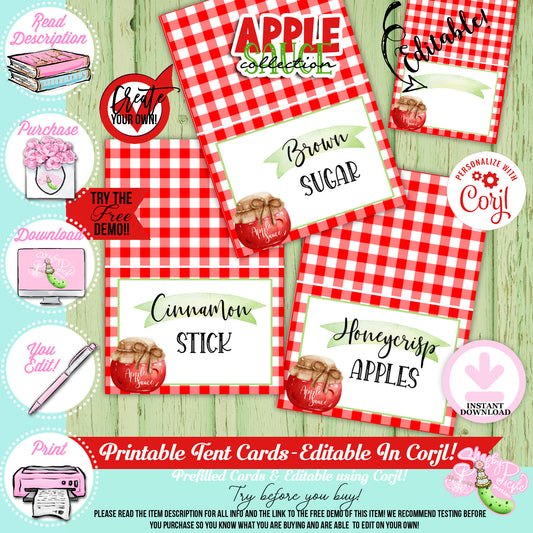 Apple Sauce Red-Apple Sauce Buffet Cards-Prefilled and You Customize in Corjl-Apple-Apple Sauce Bar-Tent Cards-Digital-INSTANT DOWNLOAD