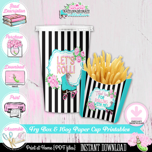 Kate Spade Skate-Birthday-Fry Box-16oz Paper Cup Wrap-Fast Food Label-Roller Skate Party-Skater-Girls Skate Party-Template-INSTANT DOWNLOAD