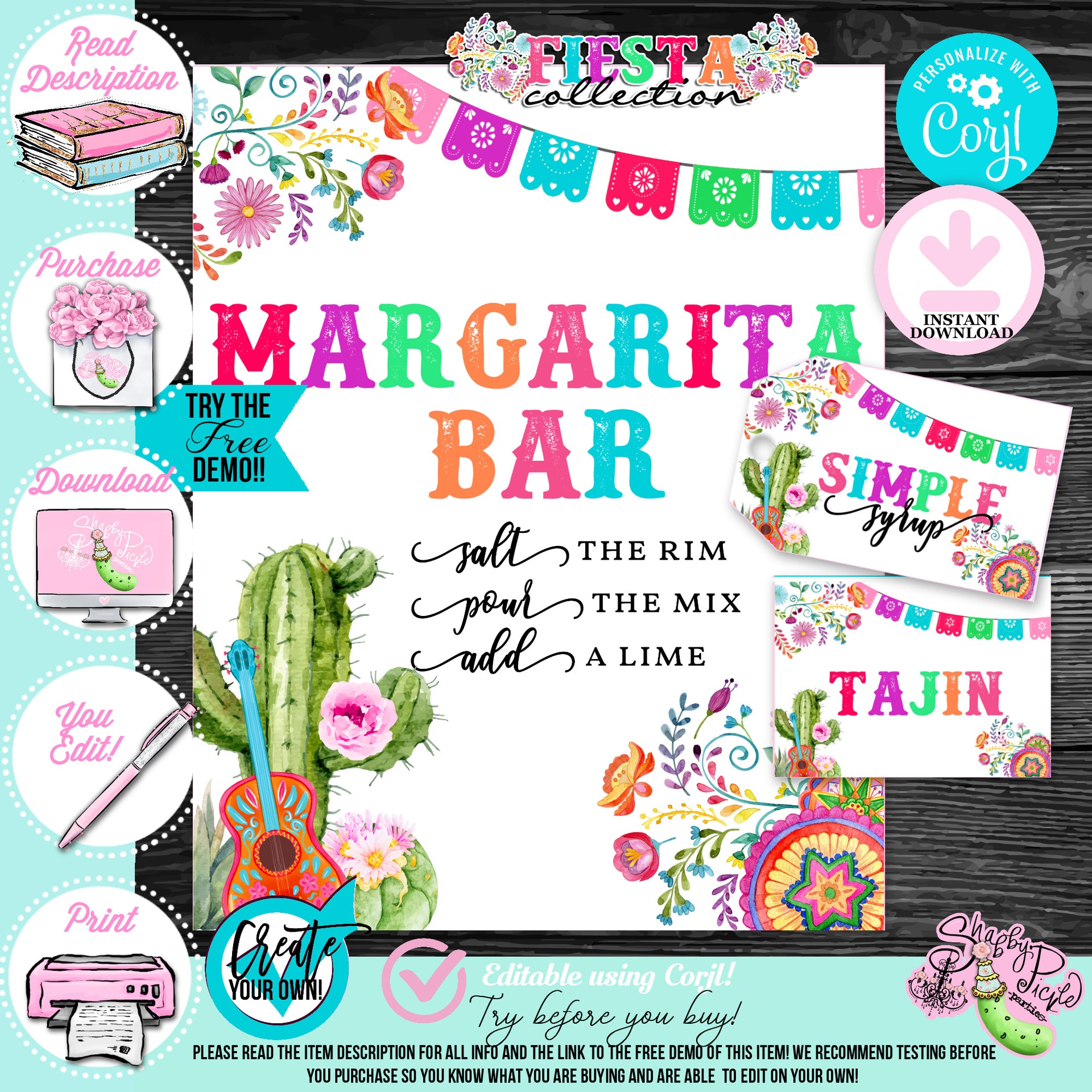 Fiesta-MARGARITA SET-Margarita Bar Sign-Juice Bottle Tags-Tent Cards f – Shabby Pickle Parties for Free Printable Margarita Bar Sign