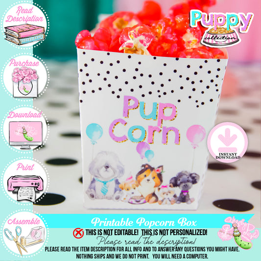 Puppy Pawty-Pupcorn Boxes-Popcorn Favor Box Template-You Assemble-Favor Boxes-Favor Boxes-Puppy Party-Birthday-Digital-INSTANT DOWNLOAD