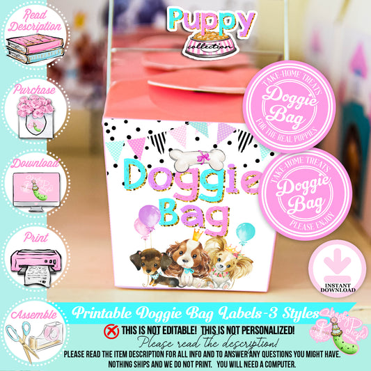 Puppy Pawty-Doggie Bag Labels-3 Styles-Take Out Box Labels-Doggy Bag-Goodie Bags-Round Labels-Puppy Party-Birthday-Digital-INSTANT DOWNLOAD