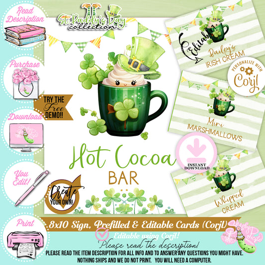 St. Paddy's Day-Hot Cocoa Bar Sign & Buffet Cards-Edit in Corjl Only-St. Patrick's Day Theme-Party Printable-Digital-INSTANT DOWNLOAD