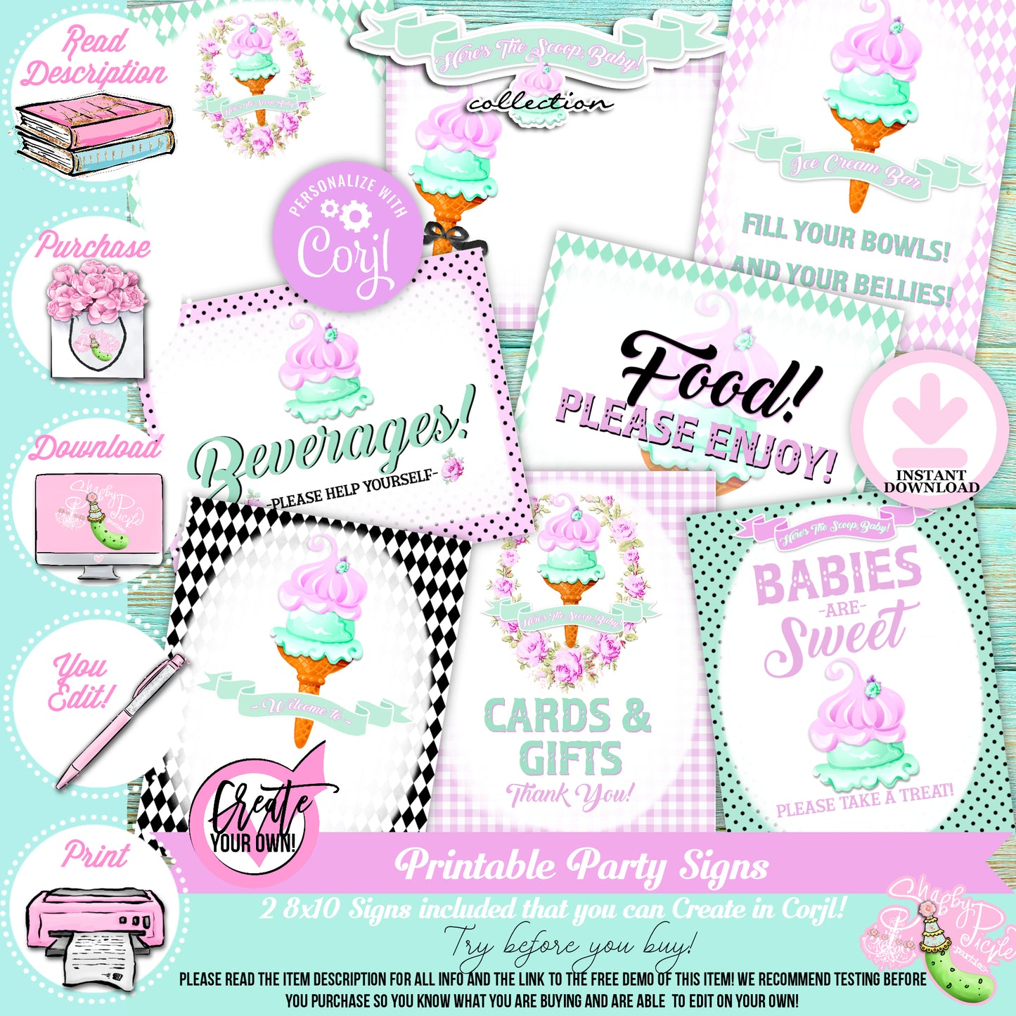 Here's The Scoop, Baby-Baby Shower Signs-Ice Cream Baby Shower-3 Signs Editable in Corjl-Customizable-Make your Own-Digital-INSTANT DOWNLOAD