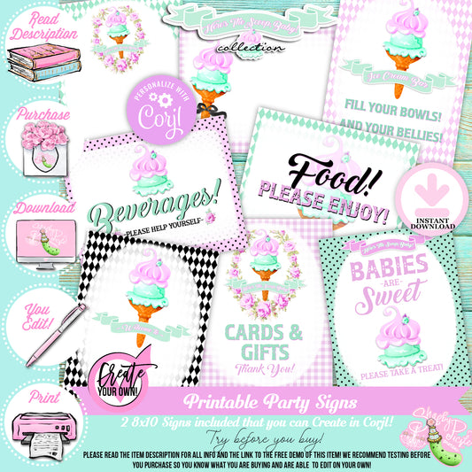 Here's The Scoop, Baby-Baby Shower Signs-Ice Cream Baby Shower-3 Signs Editable in Corjl-Customizable-Make your Own-Digital-INSTANT DOWNLOAD