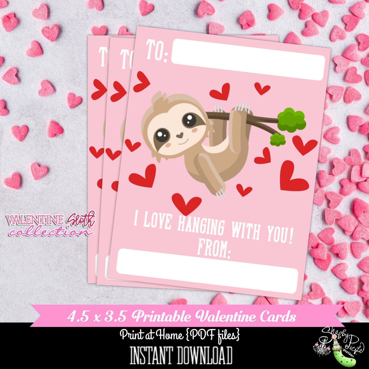 Valentines Day-Pink Sloth-4.5x3.5 Cards-Valentine's Day Cards-Class Room Party-Valentine's Day-Favor-Printables-Digital-INSTANT DOWNLOAD