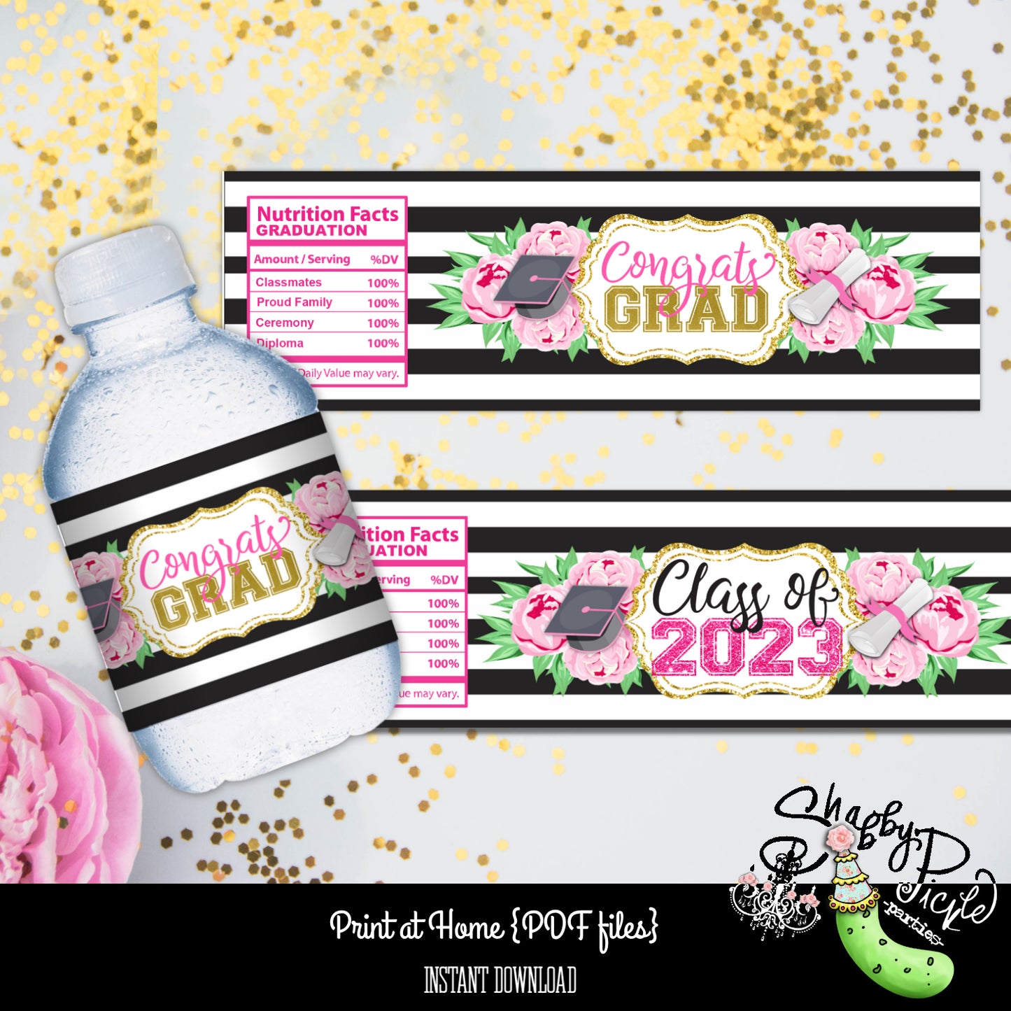 Kate Spade Graduation-Kate Spade-8oz Water Bottle Labels-Graduation-Graduation Party-Class of 2024-Graduate-Printable-INSTANT DOWNLOAD