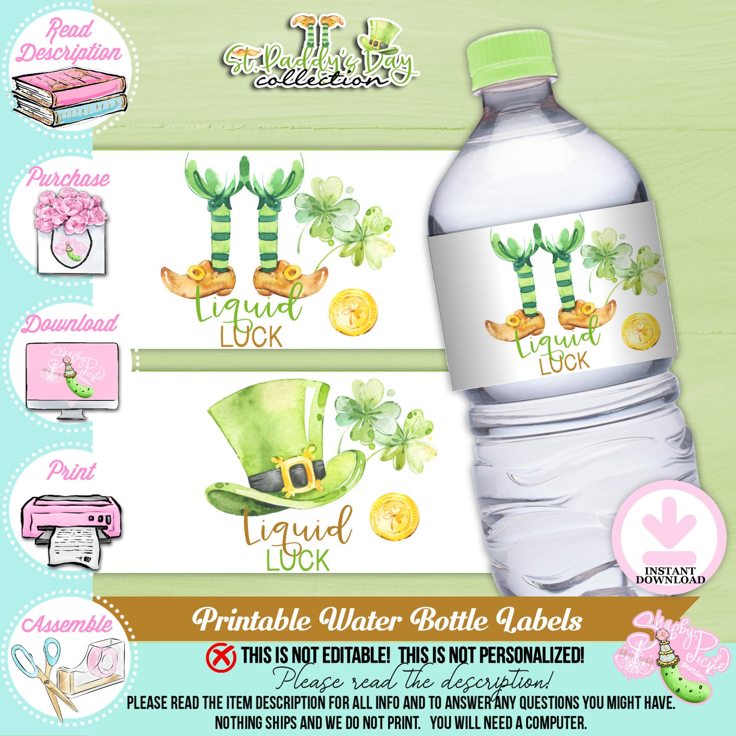 St. Paddy's Day-Water Bottle Labels-2 Versions-Drink Labels-St. Patrick's Day Theme-Leprechauns-Party Printable-Digital-INSTANT DOWNLOAD