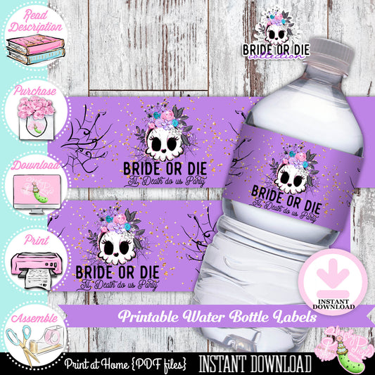 Bride or Die-Bachelorette-Water Bottle Labels-Til Death do us Party-Bridal Party-Halloween-Girls Night-Favor Labels-INSTANT DIGITAL DOWNLOAD