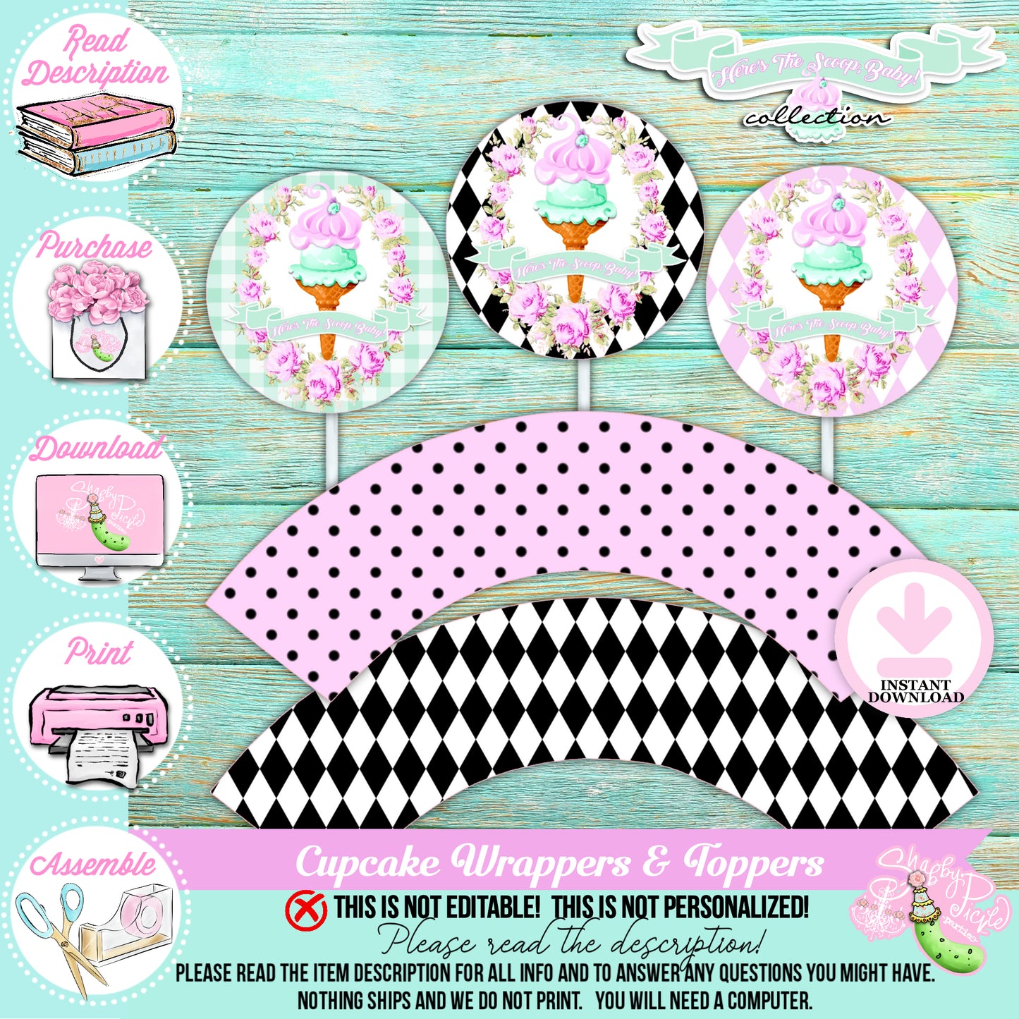 Here's The Scoop, Baby-Cupcake Toppers and Wrappers-Ice Cream Baby Shower-Labels-Ice Cream Cupcakes-Cupcake Rounds-Digital-INSTANT DOWNLOAD