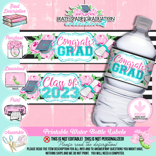 Kate Spade (2) Inspired Water Bottle Wrappers-Water Bottle Labels-Favors-Graduation Party-Grad-Class of-Printable-INSTANT DOWNLOAD