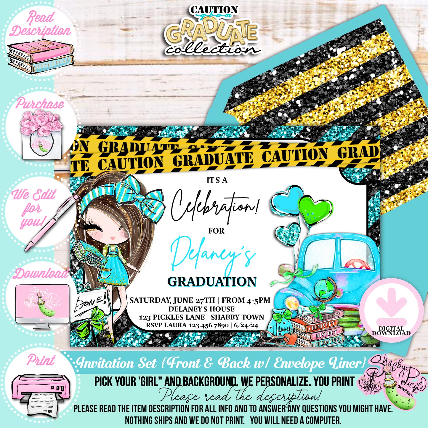 Caution Glam Graduate-Blue Glam Grad-We PERSONALIZE-Graduation Invitations-Pick The Girl-Graduation-High School-8th Grade-Class of-PRINTABLE