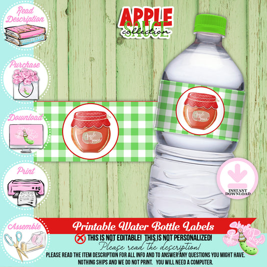 Apple Sauce Green-Water Bottle Labels-Apple Sauce Bar-Making Apple Sauce-Apple Labels-Prefilled Labels-Digital-INSTANT DOWNLOAD