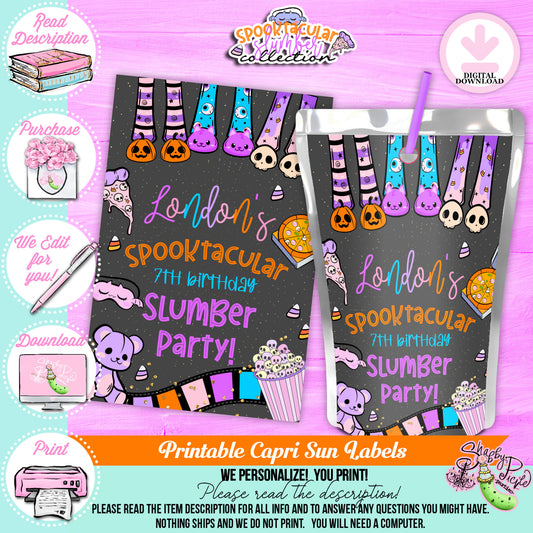 Spooktacular Slumber Party-Capri Sun Labels-We Customize-Personalize Name-Favor Labels-Sleepover-Halloween-Digital-DIGITAL DOWNLOAD